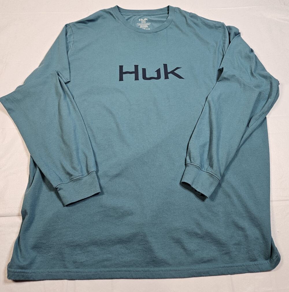 HUK Mens XXL Long Sleeve Fishing Shirt Blue Teal Logo Cotton Blend 2XL